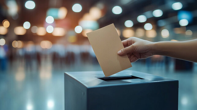 A focused hand places a voting ballot into a ballot box, symbolizing civic duty and participation in democracy, set against a blurred background that emphasizes the importance of the act