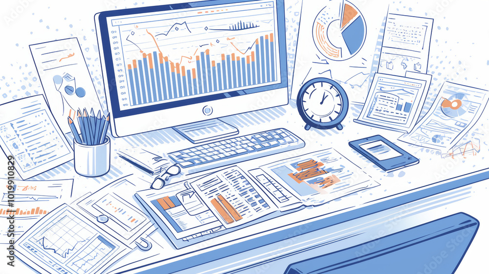 Poster A study or office desk cluttered with graph charts displayed on a computer, tablet, and papers, representing multitasking and modern data organization.