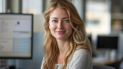 Fototapeta premium Smiling woman with long hair sitting in an office environment.