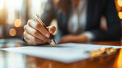 lawyer's hand is seen signing an important legal document, symbolizing authority, trust, and responsibility in the legal profession. The image conveys professionalism, commitment, and legal expertise