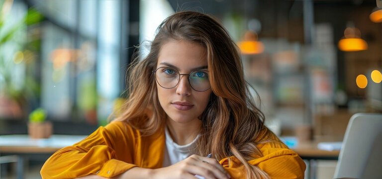 Woman in glasses working on colorful documents at a modern office desk, with a soft-focus background. Concept of focus and productivity