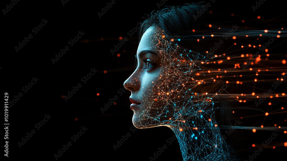 Poster a wise, female ai face appears in a virtual world. her brain is a complex neural network, representi