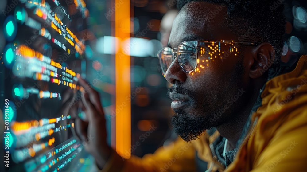 Poster A man in a yellow jacket is looking at a computer screen with a green screen