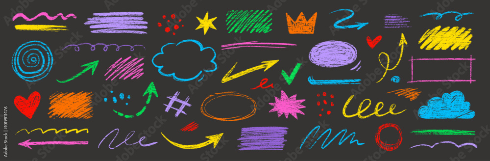 Poster crayon pencil color brush hand drawn chalk vector element set. scribble pastel texture brush stroke 