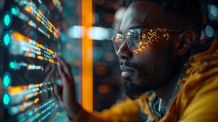 A man in a yellow jacket is looking at a computer screen with a green screen - Powered by Adobe