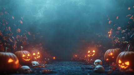Spooky Halloween scene with glowing jack-o-lanterns and skulls in a misty forest.