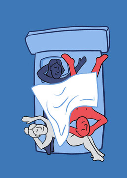 Three people asleep in bed