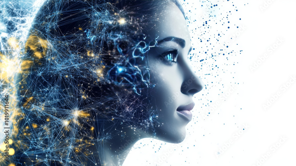 Poster a wise, female ai face appears in a virtual world. her brain is a complex neural network, representi