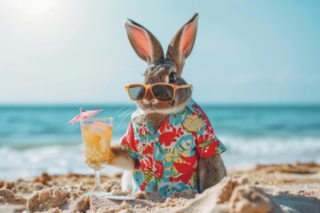 Bunny, beach, summer, sunglasses, cocktail, relaxation, tropical, fun, holiday vibes A cute rabbit wearing a floral shirt and sunglasses enjoys a colorful drink on a sunny beach