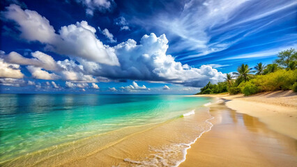 Obraz premium A sandy beach with a yellow sand and a blue sky with clouds