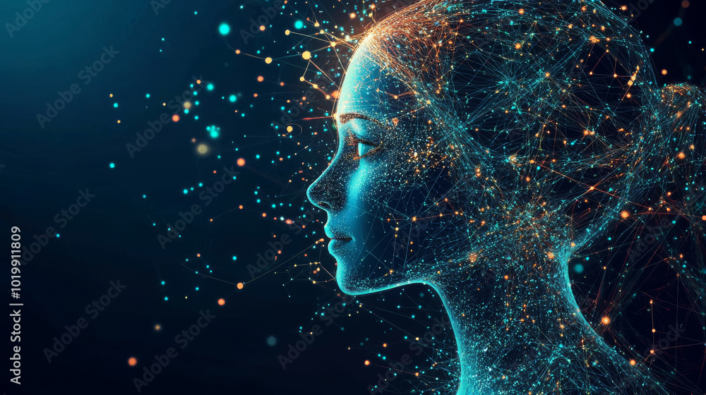 Poster a wise, female ai face appears in a virtual world. her brain is a complex neural network, representi
