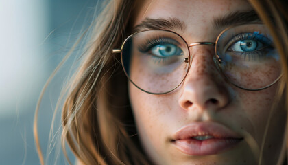 Fototapeta premium Close-Up Portrait of Young Woman with Freckles and Glasses, Striking Blue Eyes and Captivating Gaze