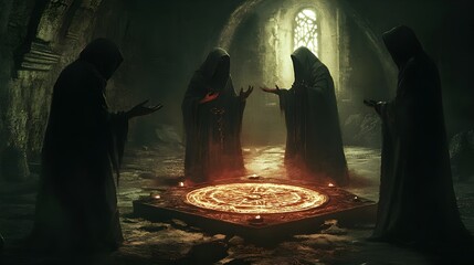 Fototapeta premium Arcane Ritual of Mystical Negotiation in Cavernous Underground Chamber