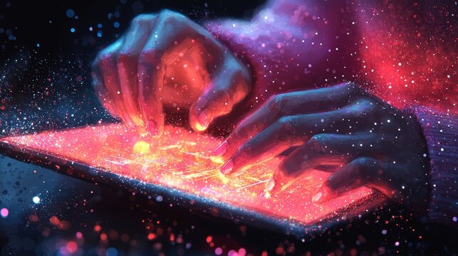 A pair of hands energetically types on a glowing digital platform. Vibrant hues create a futuristic atmosphere, conveying creativity and energy.