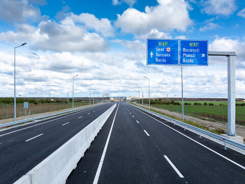 A7 Moldova Buzau Focsani highway. Aerial photo with this historical high speed road in Romania in Moldova before inauguration. Transportation industry in Romania.