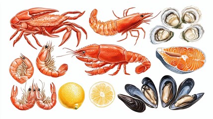 Watercolor Illustration of Various Seafood and Lemons
