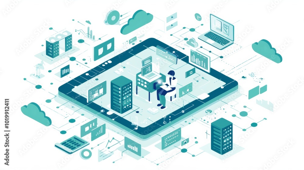 Poster an isometric illustration of a professional managing cloud networks, showcasing laptops, servers, an