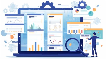 A digital scene with a detailed data analytics dashboard on a laptop screen, showcasing vibrant graphs, charts, and icons, indicating performance insights.