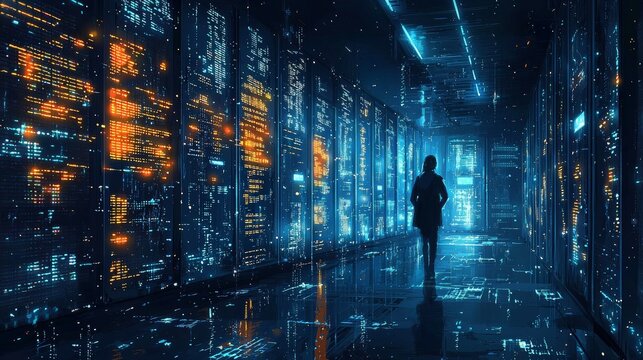 A silhouette walks through a futuristic data server corridor, illuminated by vibrant blue and orange digital lights, symbolizing data flow and technology.
