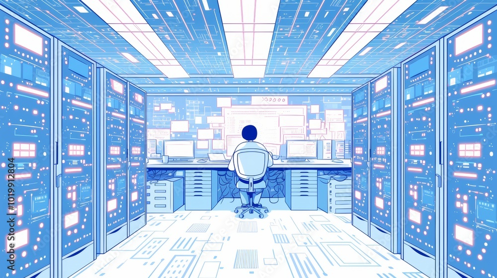 Poster a figure sits in a control center surrounded by screens and data panels, embodying precision and the