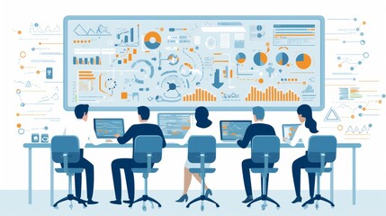 Fototapeta premium A diverse team works collaboratively, seated and facing a massive screen full of data visuals and analytics, depicting teamwork and new age business strategy.