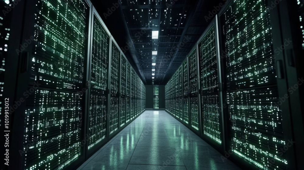 Poster a dark server room filled with servers,humming with data signals.these machines store information in