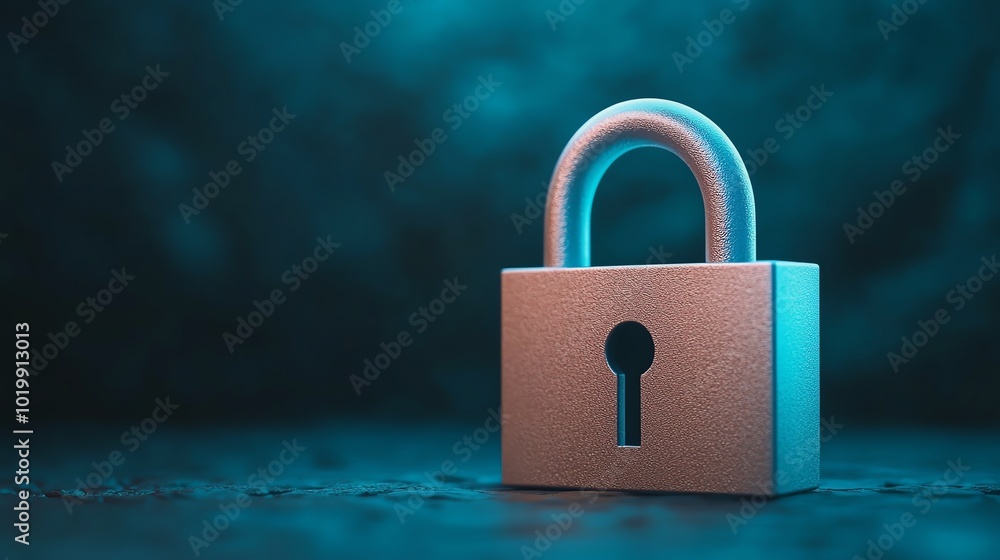 Poster 3d padlock with layers of encrypted data swirling around it, glowing blue on a dark backdrop, data e