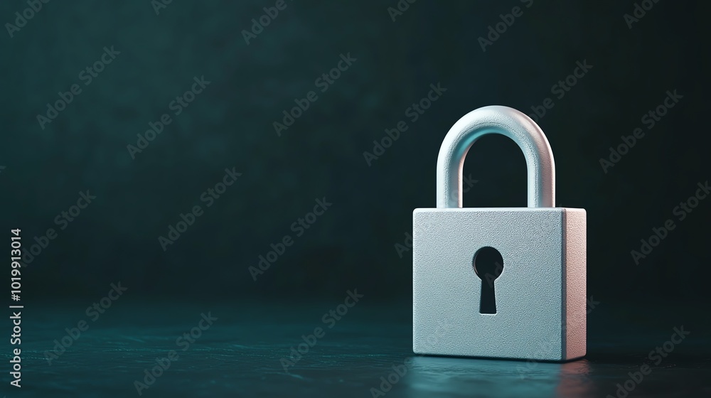 Poster 3d padlock with layers of encrypted data swirling around it, glowing blue on a dark backdrop, data e