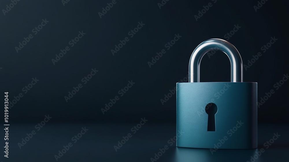 Poster 3d padlock with layers of encrypted data swirling around it, glowing blue on a dark backdrop, data e