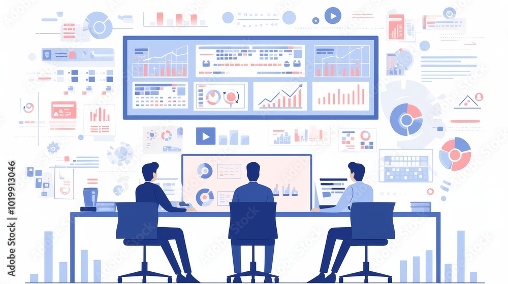 Poster three colleagues sit in a modern office setting, engaging in a data-driven discussion with large dig
