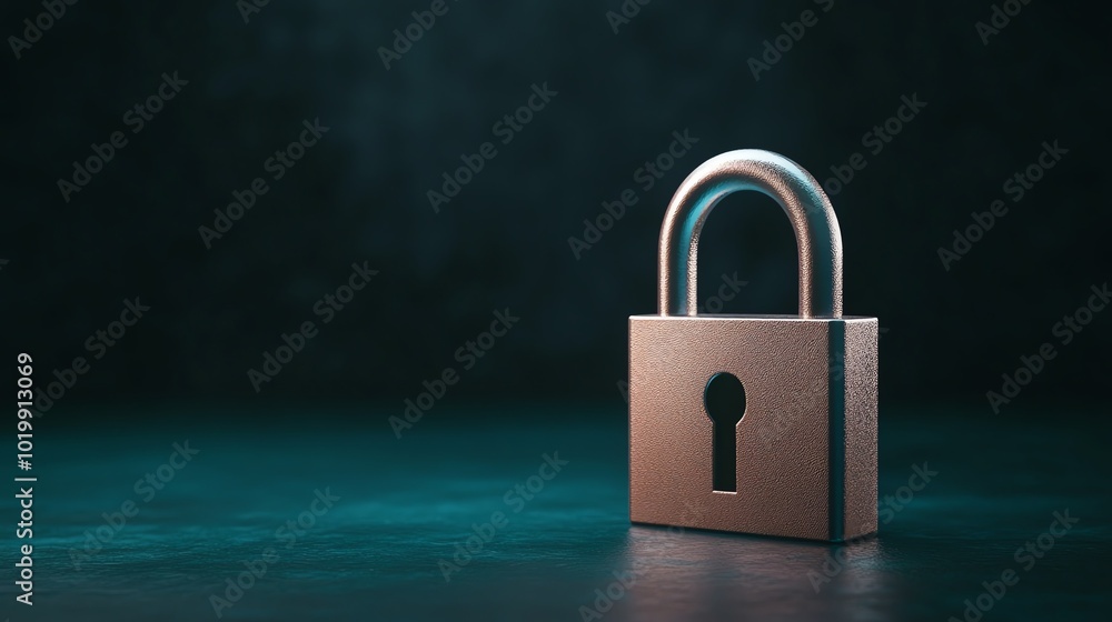 Poster 3d padlock with layers of encrypted data swirling around it, glowing blue on a dark backdrop, data e