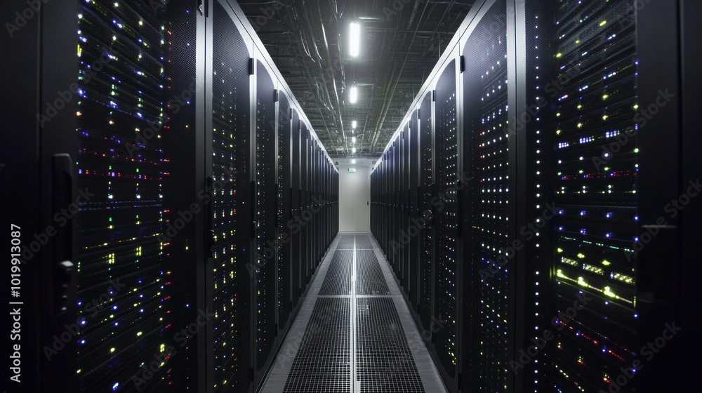 Poster a dark server room filled with servers,humming with data signals.these machines store information in