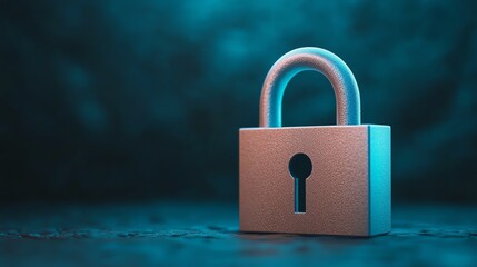 3D padlock with layers of encrypted data swirling around it, glowing blue on a dark backdrop, data encryption, data privacy and protection