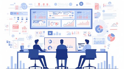 Three colleagues sit in a modern office setting, engaging in a data-driven discussion with large digital displays filled with charts and graphs around them.