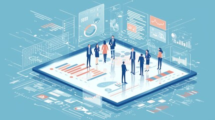 Fototapeta premium A diverse team is seen collaborating around a large tablet, integrated with floating digital data and visual elements, portraying teamwork and innovation in action.