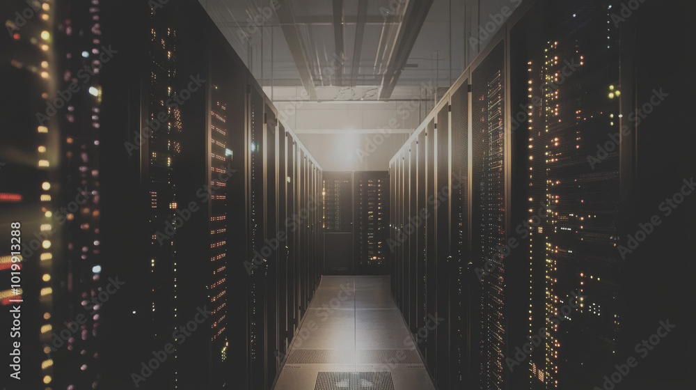 Poster a dark server room filled with servers,humming with data signals.these machines store information in