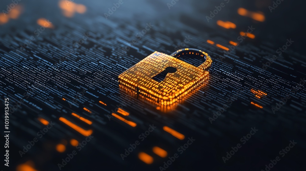 Poster digital code streams being encrypted around a glowing padlock icon, deep blue tech setting, data enc