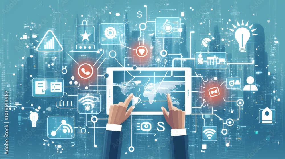 Poster hands interact with a touch screen amidst various digital symbols, demonstrating the complex yet acc
