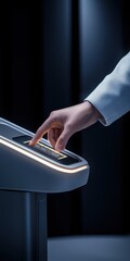 Obraz premium Close-up of a hand pressing a modern control button in a dark environment.