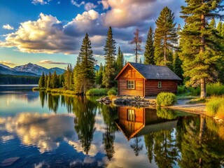 Fototapeta premium Scenic view of a rustic cabin by the lake in McCall, showcasing serene nature and peaceful surroundings