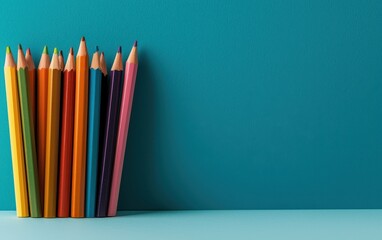 Fototapeta premium Colorful pencils arranged neatly against a turquoise background.