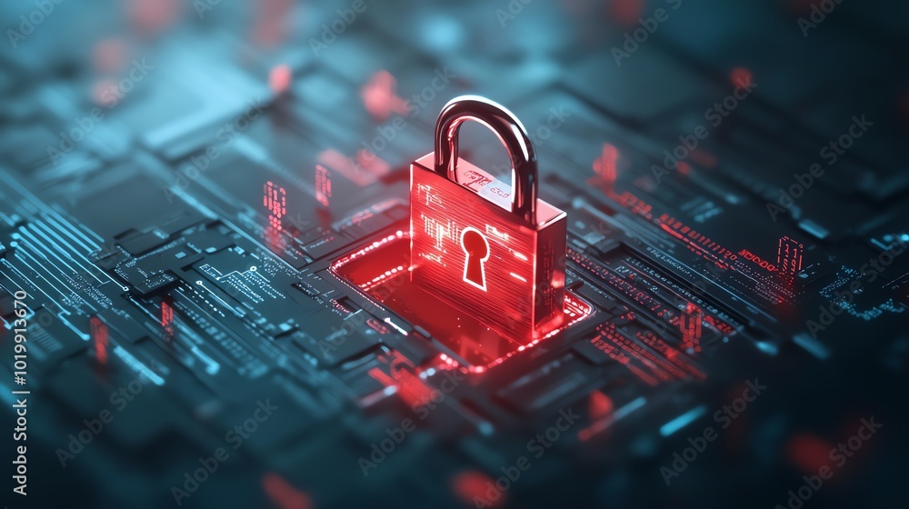 Poster floating digital padlock amidst encrypted binary codes, futuristic neon blue lighting, data encrypti