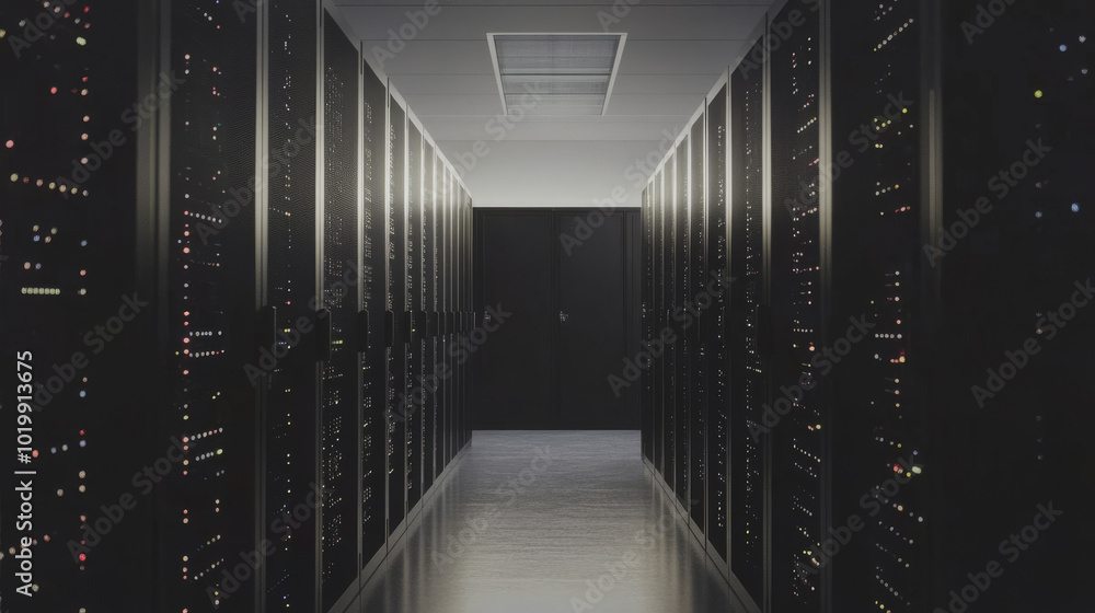 Poster a dark server room filled with servers,humming with data signals.these machines store information in