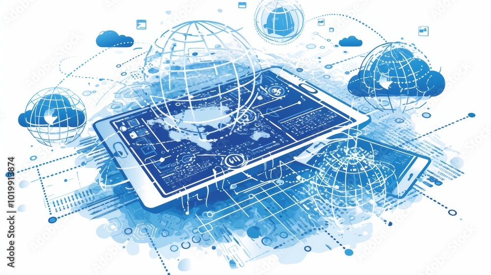 Poster stylized image of a digital tablet with a world map illustrating global connectivity and technologic