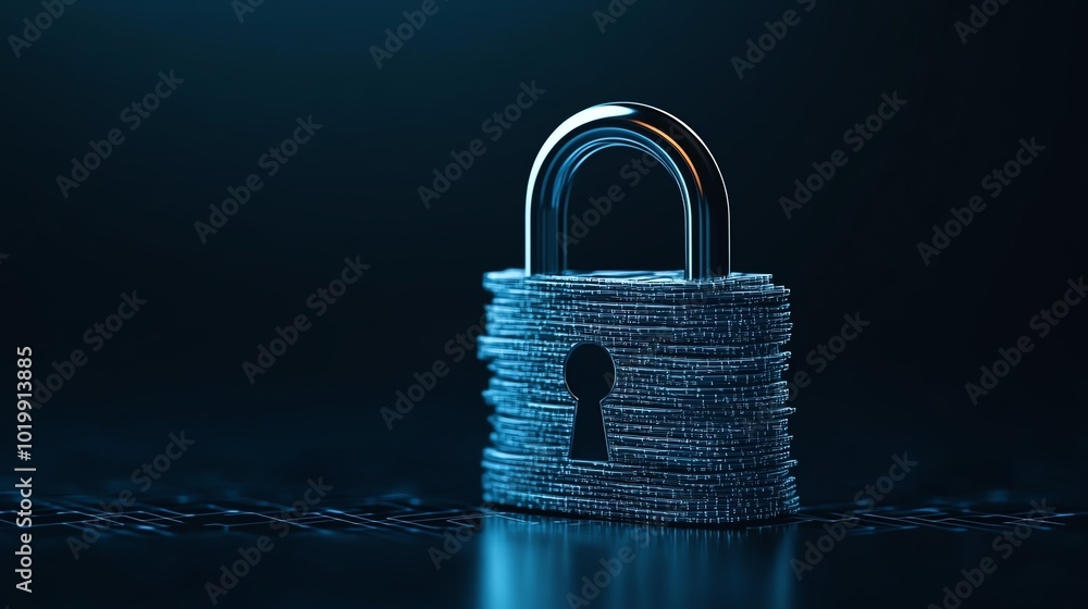 Poster glowing padlock icon with encrypted data layers wrapping around it, set against a dark blue tech bac