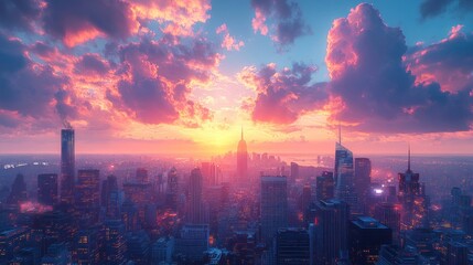 Fototapeta premium Stunning sunset over a vibrant city skyline with dramatic clouds.