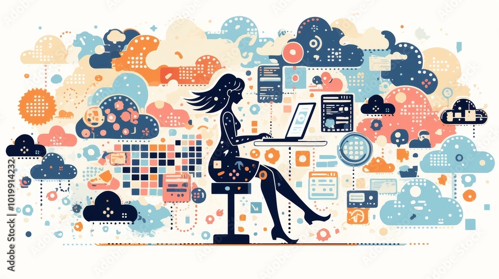 Poster a woman at a computer, surrounded by abstract data clouds, symbolizes global connectivity and digita