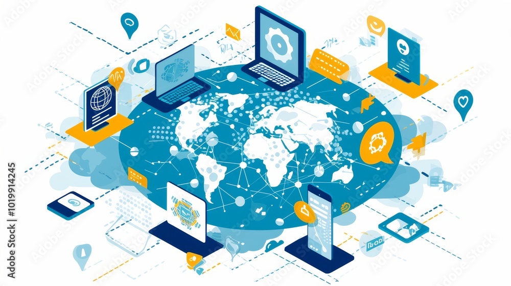 Poster an abstract graphic portraying a global network with various connected devices, symbolizing the wide