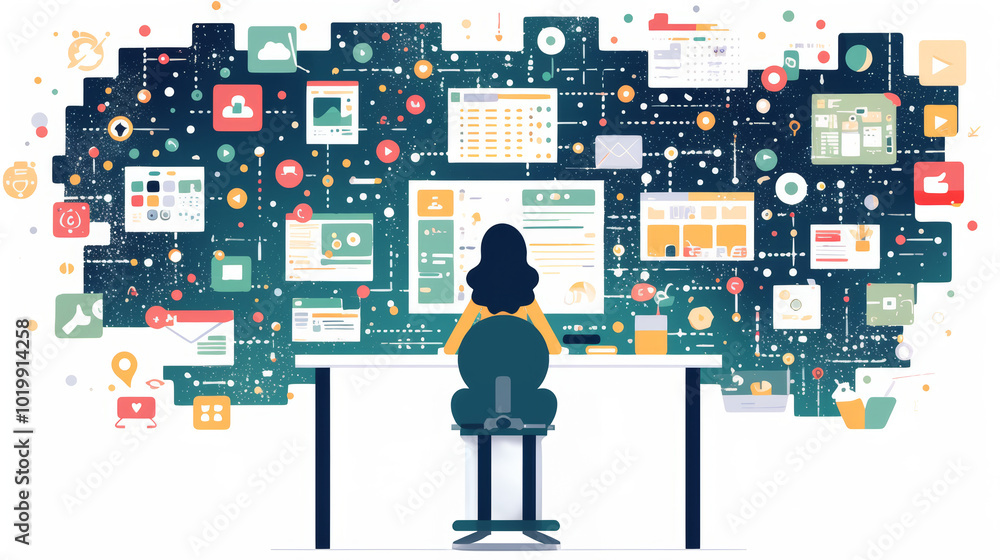 Poster a person is shown interacting with a plethora of digital interfaces, illustrating the essence of tec