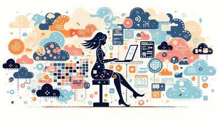 A woman at a computer, surrounded by abstract data clouds, symbolizes global connectivity and digital communication in a colorful vector art style.